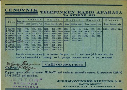 Cjenovnik Telefunken 1937.